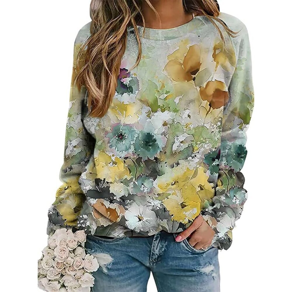 Women's Floral Print Sweatshirt Cotton Polyester Long Sleeve Casual Vintage